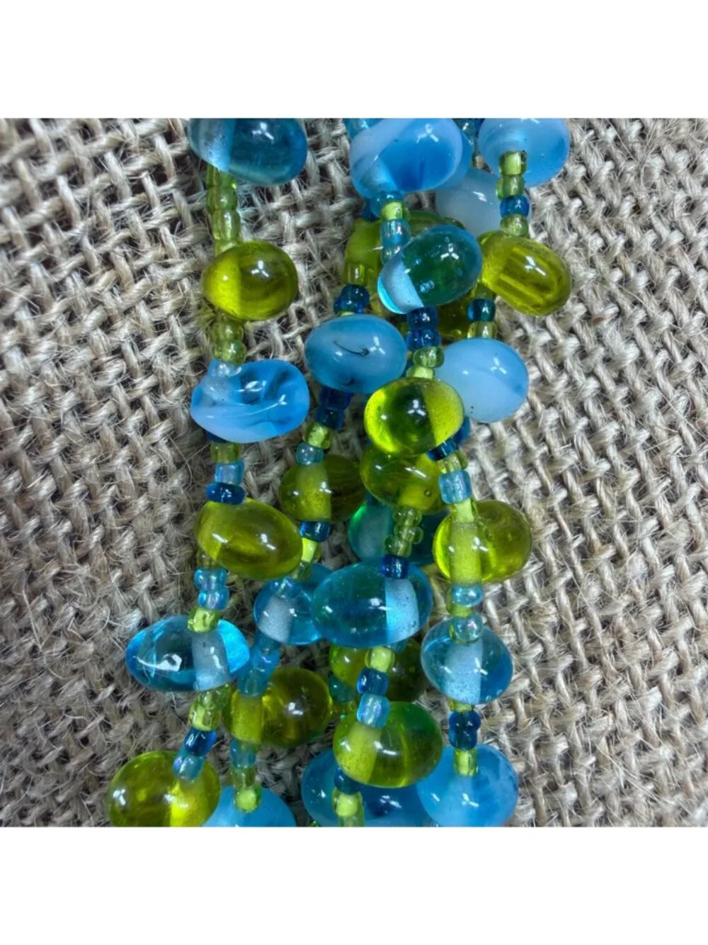 Multistrand Blue & Green Glass Beaded Necklace - Statement Piece Women Vintage